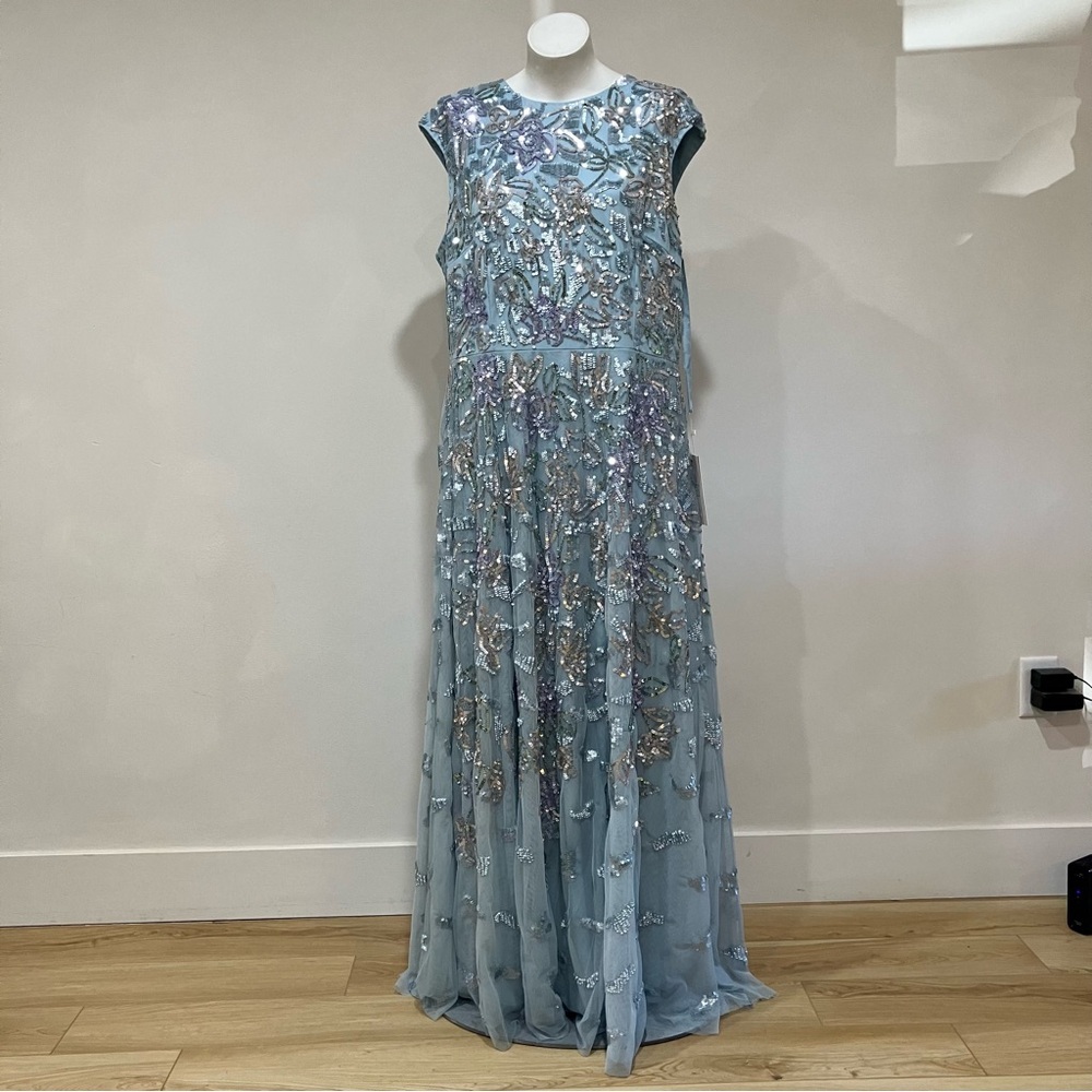 Mac Duggal | Sequined High Neck Baby Blue Cap Sleeve A Line Gown Plus Size - Picture 12 of 15